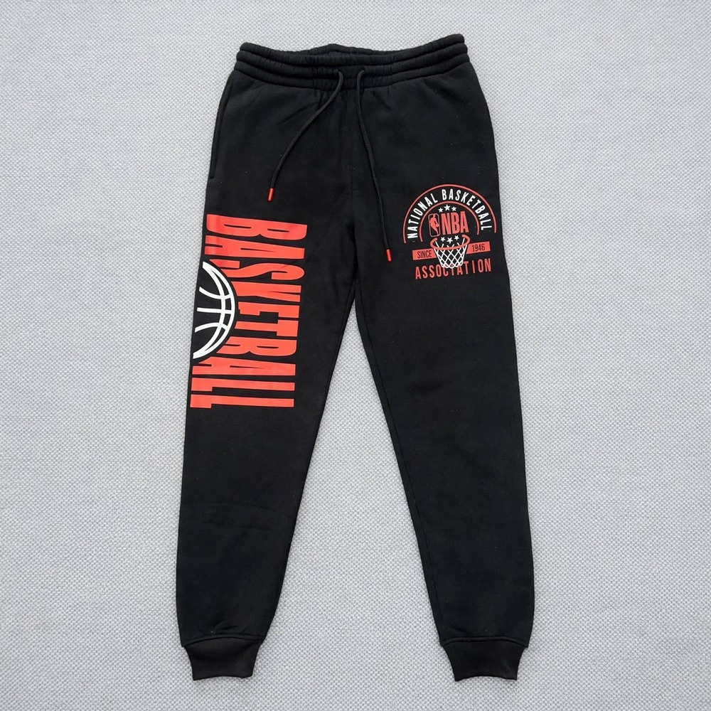 NBA Basketball Joggers Mens S Black Red Graphic Fleece Sweatpants Cuffed